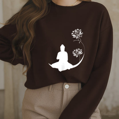 Mythstone Buddha Sitting With Lotus Flowers Pattern Fleece Lined Sweatshirt