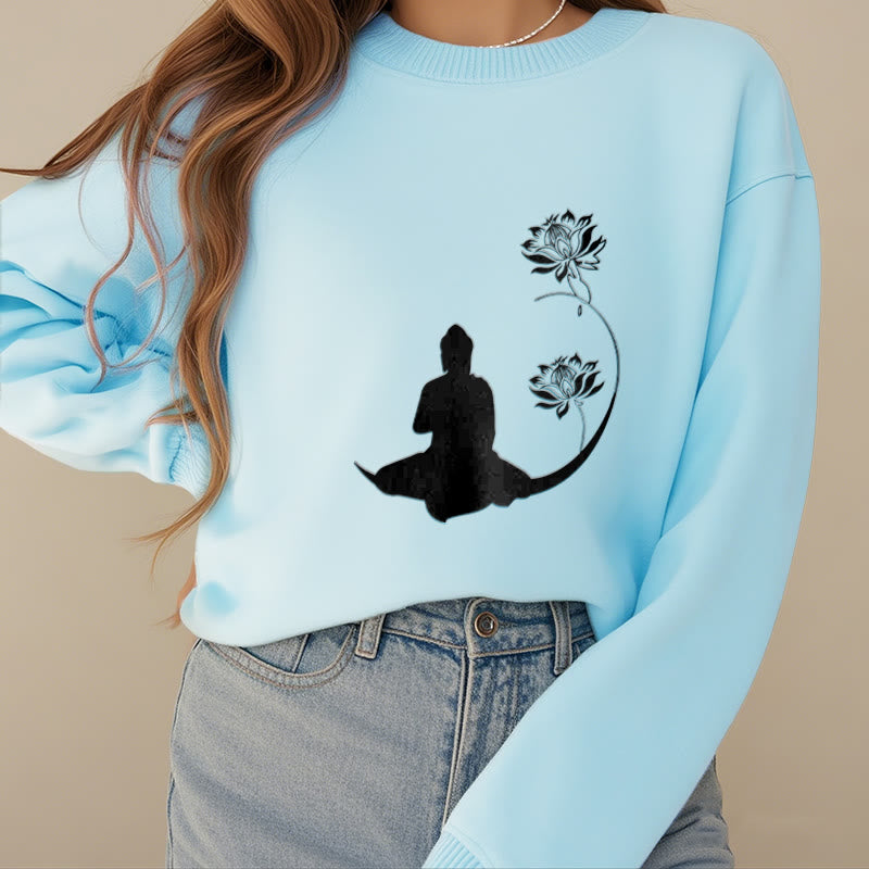 Mythstone Buddha Sitting With Lotus Flowers Pattern Fleece Lined Sweatshirt