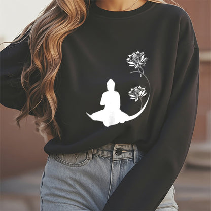 Mythstone Buddha Sitting With Lotus Flowers Pattern Fleece Lined Sweatshirt