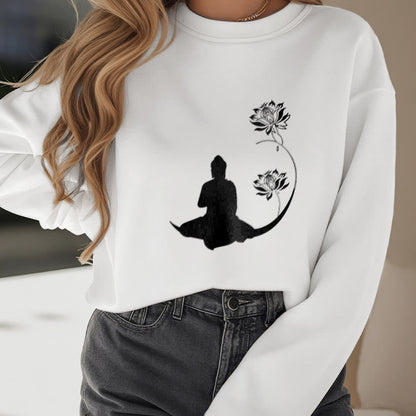 Mythstone Buddha Sitting With Lotus Flowers Pattern Fleece Lined Sweatshirt