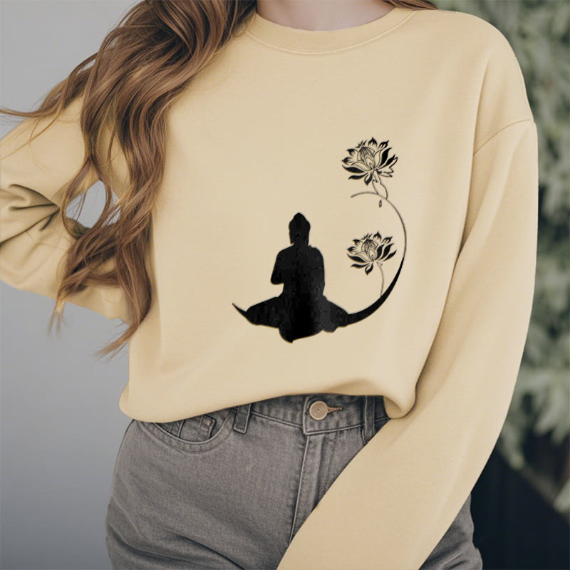 Mythstone Buddha Sitting With Lotus Flowers Pattern Fleece Lined Sweatshirt