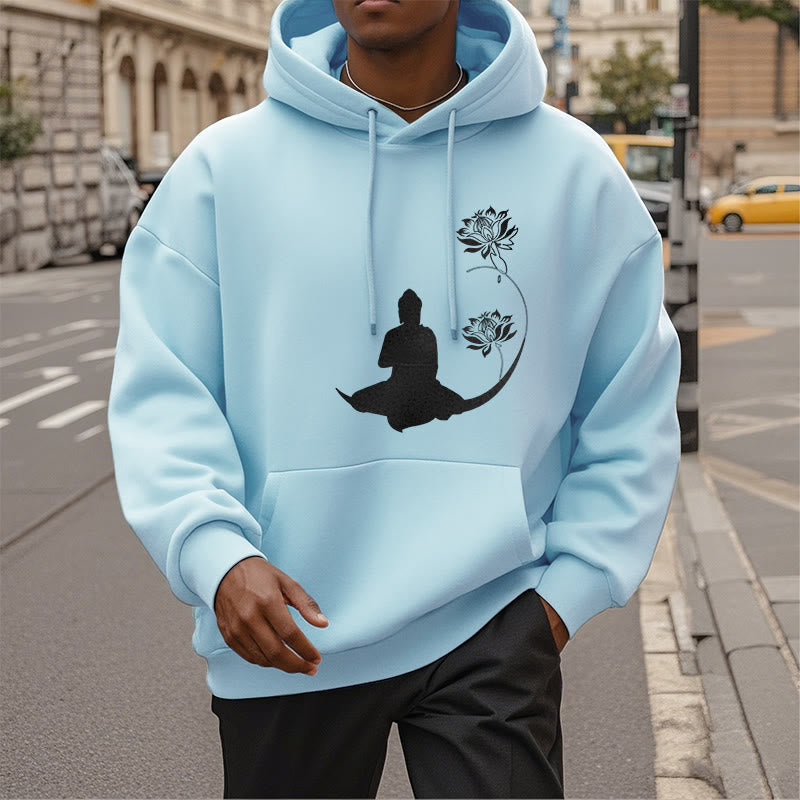 Mythstone Buddha Sitting With Lotus Flowers Pattern Fleece Lined Hoodie