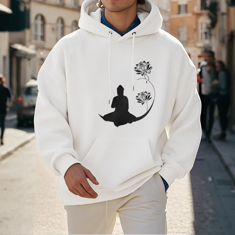 Mythstone Buddha Sitting With Lotus Flowers Pattern Fleece Lined Hoodie