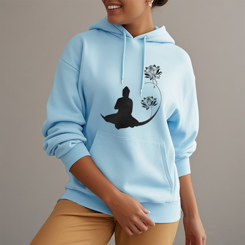 Mythstone Buddha Sitting With Lotus Flowers Pattern Fleece Lined Hoodie