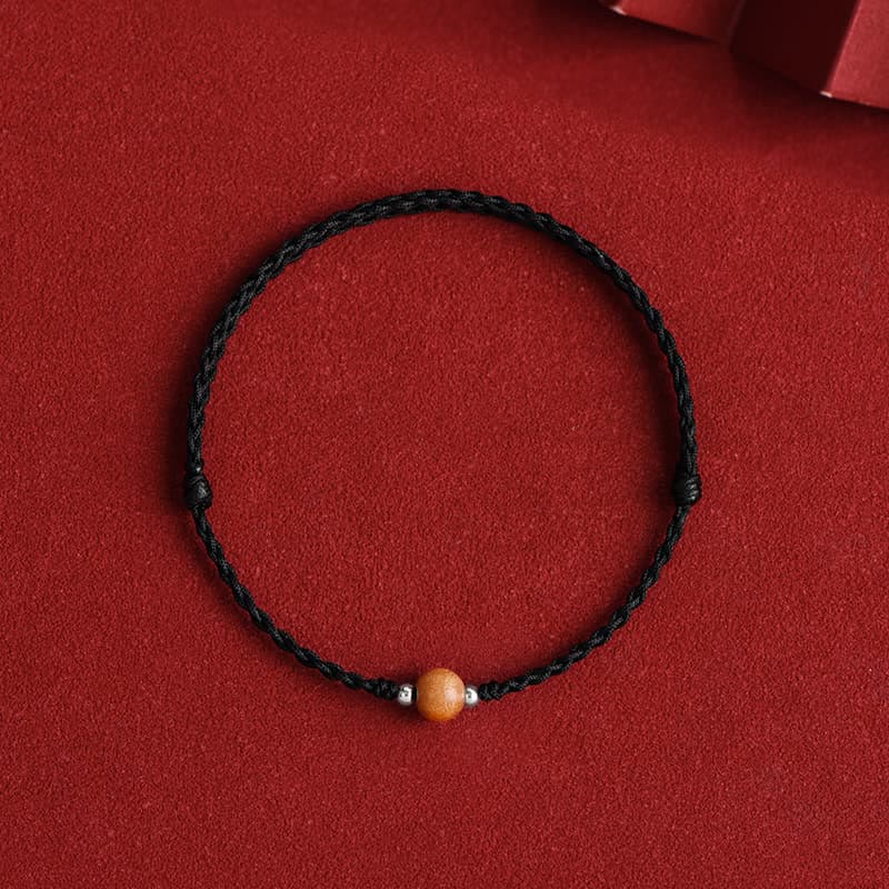 Mythstone Natural Peach Wood Bead Luck Braided Bracelet Anklet