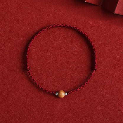 Mythstone Natural Peach Wood Bead Luck Braided Bracelet Anklet