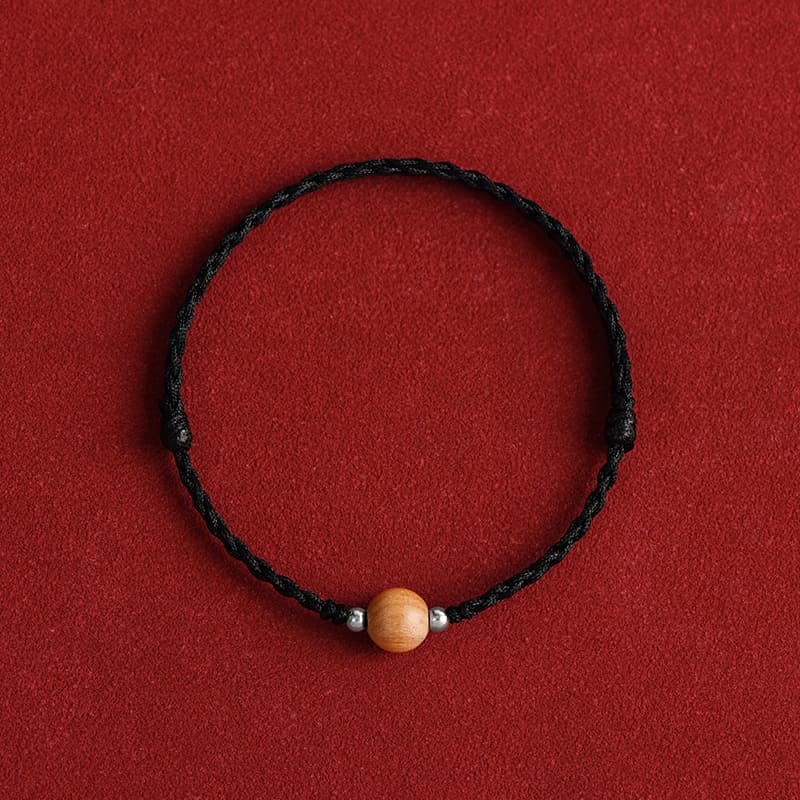 Mythstone Natural Peach Wood Bead Luck Braided Bracelet Anklet