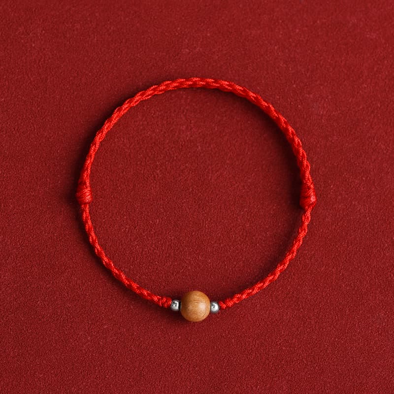 Mythstone Natural Peach Wood Bead Luck Braided Bracelet Anklet