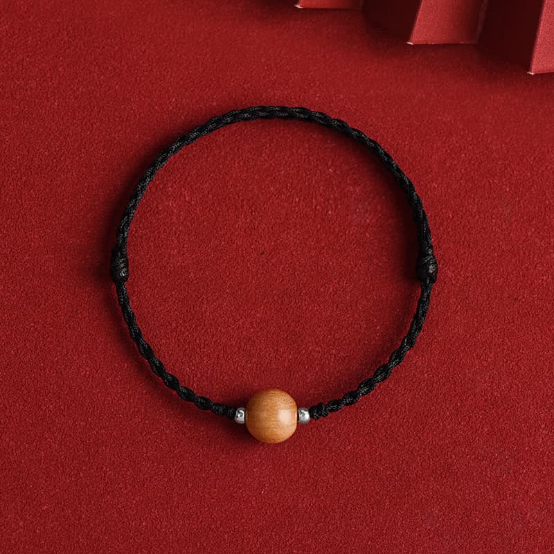 Mythstone Natural Peach Wood Bead Luck Braided Bracelet Anklet