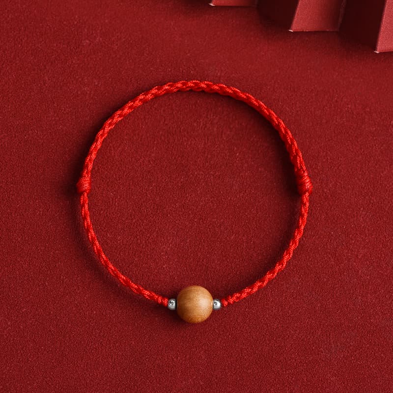 Mythstone Natural Peach Wood Bead Luck Braided Bracelet Anklet