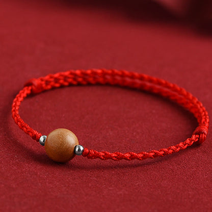 Mythstone Natural Peach Wood Bead Luck Braided Bracelet Anklet