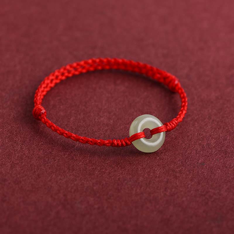 Mythstone Natural Hetian Jade Peace Buckle Protection Luck Braided Bracelet Anklet