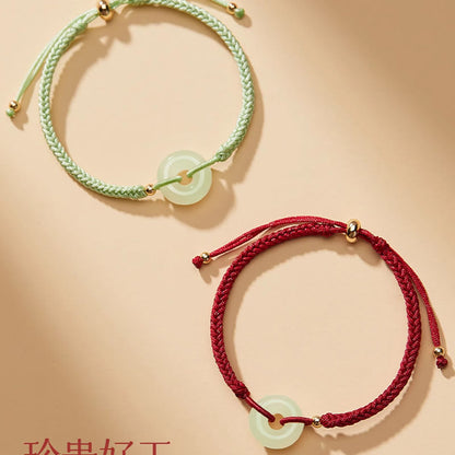 Mythstone Natural Hetian Jade Peace Buckle Fu Character Protection Luck Braided Bracelet