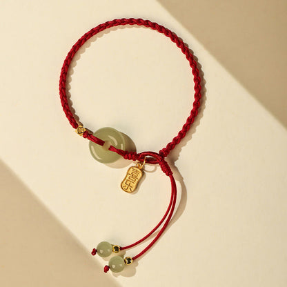 Pulsera trenzada de la suerte con hilo rojo y hebilla de paz de jade hetiano natural Mythstone