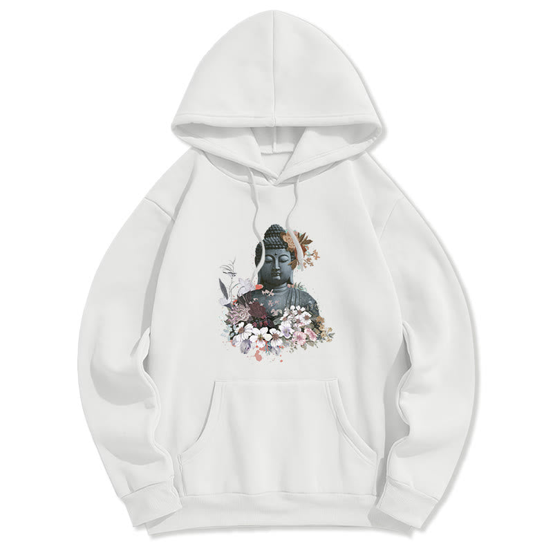 Mythstone Colorful Flowers Surrounding Buddha Pattern Fleece Lined Hoodie