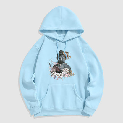 Mythstone Colorful Flowers Surrounding Buddha Pattern Fleece Lined Hoodie