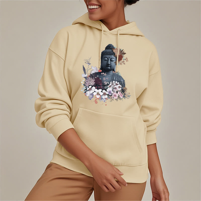 Mythstone Colorful Flowers Surrounding Buddha Pattern Fleece Lined Hoodie