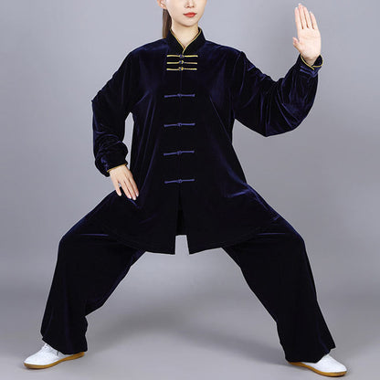 Mythstone 2Pcs Fall Winter Tai Chi Qigong Practice Unisex Frog-Button Meditation Velour Clothing Set