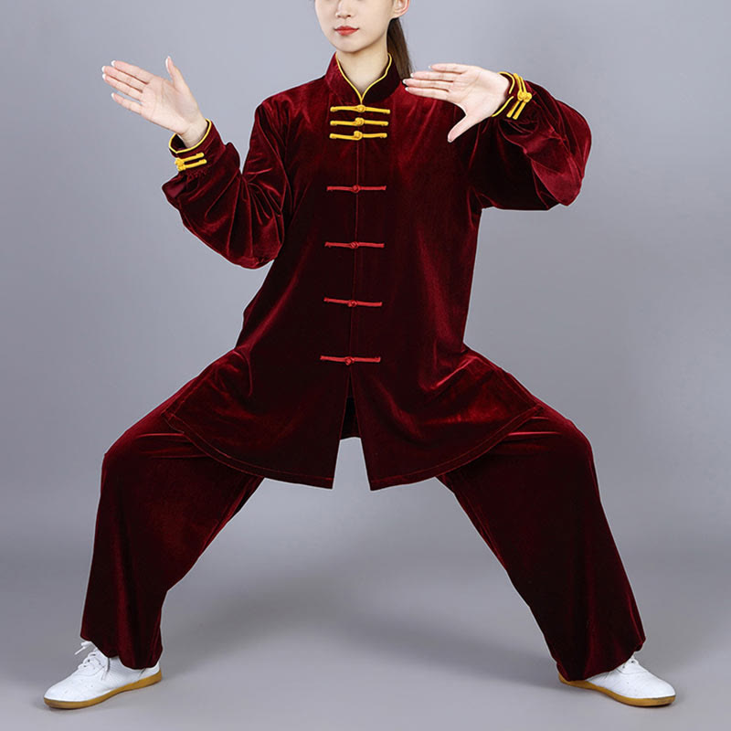 Mythstone 2Pcs Fall Winter Tai Chi Qigong Practice Unisex Frog-Button Meditation Velour Clothing Set