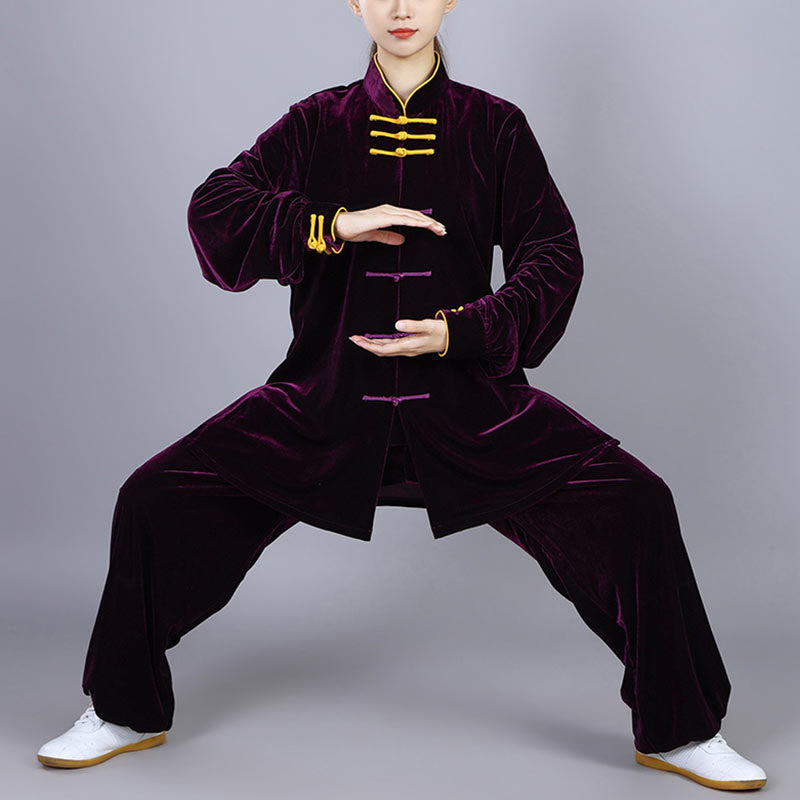 Mythstone 2Pcs Fall Winter Tai Chi Qigong Practice Unisex Frog-Button Meditation Velour Clothing Set