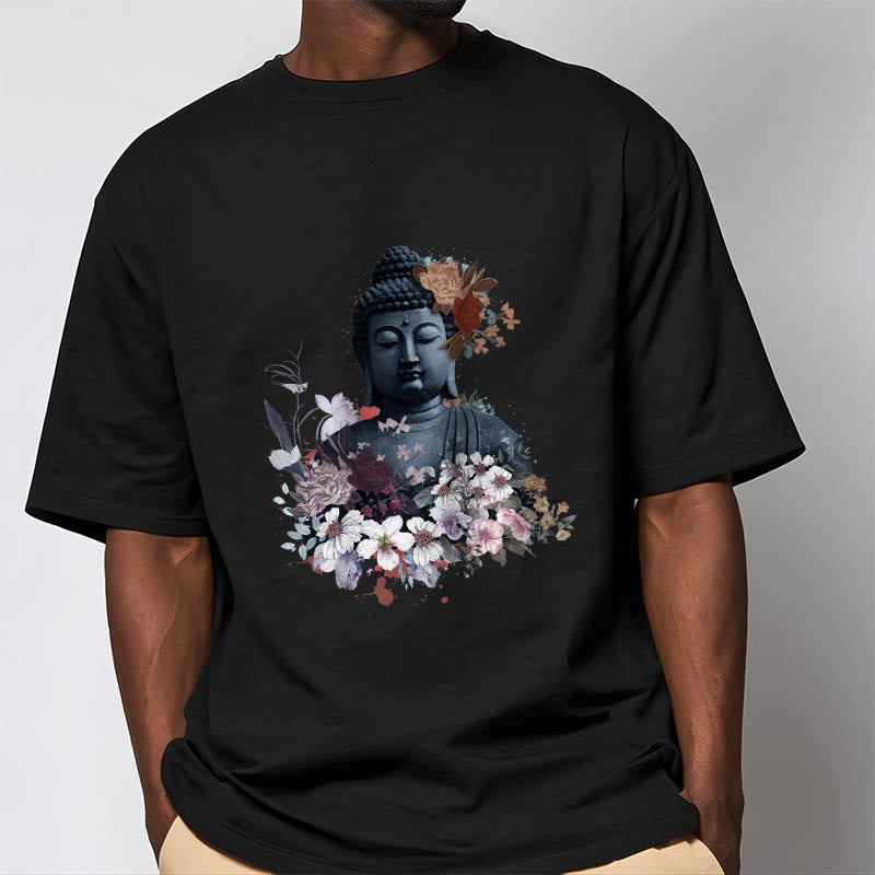 Mythstones  Colorful Flowers Surrounding Buddha Pattern Tee T-shirt