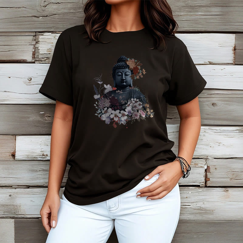 Mythstones  Colorful Flowers Surrounding Buddha Pattern Tee T-shirt