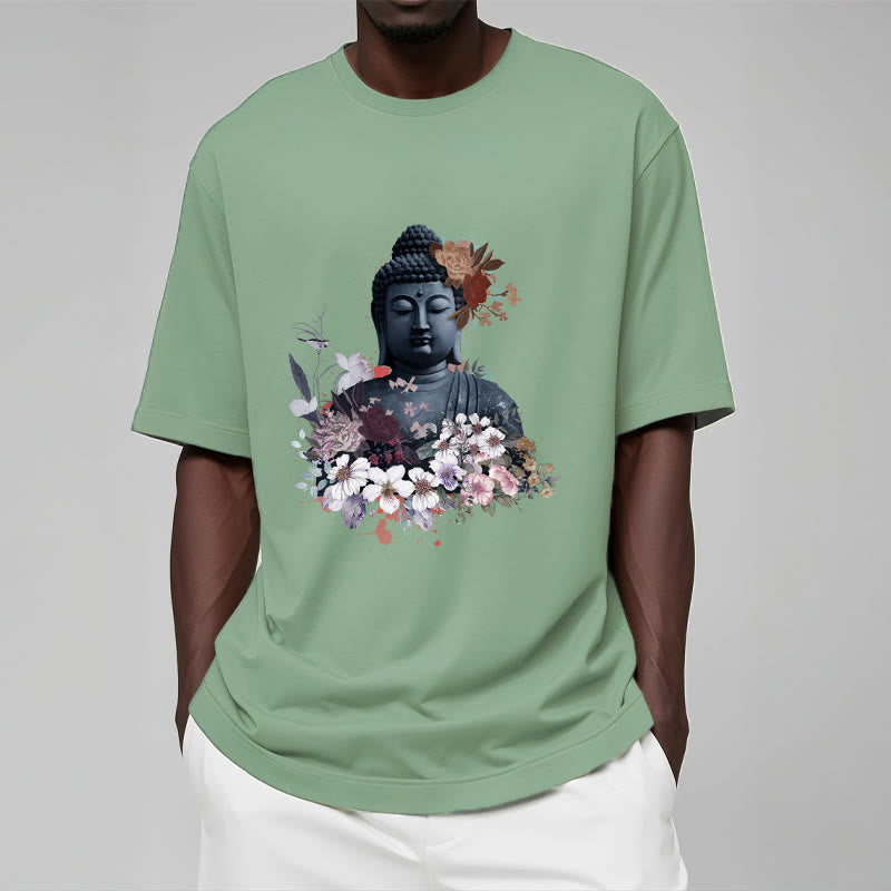 Mythstones  Colorful Flowers Surrounding Buddha Pattern Tee T-shirt