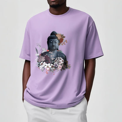 Mythstones  Colorful Flowers Surrounding Buddha Pattern Tee T-shirt