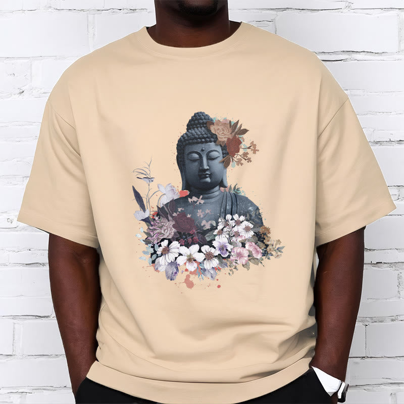 Mythstones  Colorful Flowers Surrounding Buddha Pattern Tee T-shirt