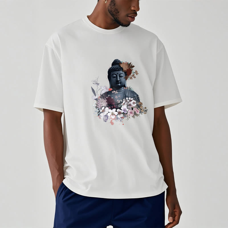 Mythstones  Colorful Flowers Surrounding Buddha Pattern Tee T-shirt