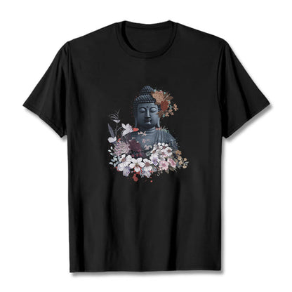 Mythstones  Colorful Flowers Surrounding Buddha Pattern Tee T-shirt