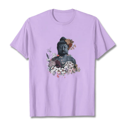 Mythstones  Colorful Flowers Surrounding Buddha Pattern Tee T-shirt