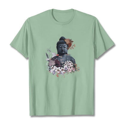 Mythstones  Colorful Flowers Surrounding Buddha Pattern Tee T-shirt