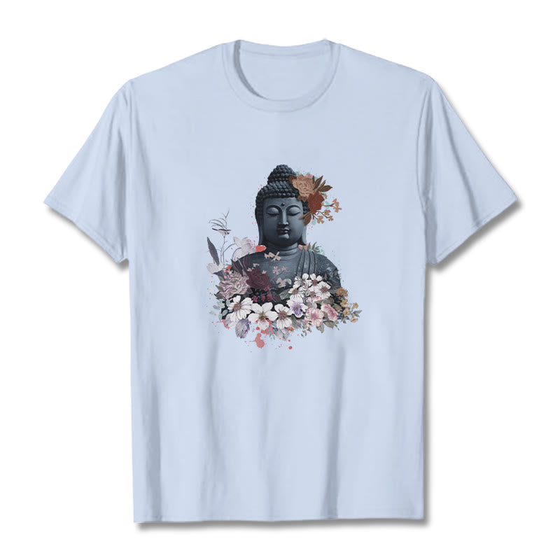 Mythstones  Colorful Flowers Surrounding Buddha Pattern Tee T-shirt