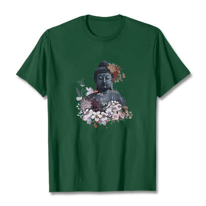 Mythstones  Colorful Flowers Surrounding Buddha Pattern Tee T-shirt