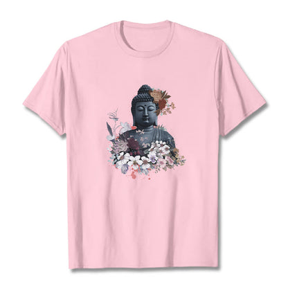 Mythstones  Colorful Flowers Surrounding Buddha Pattern Tee T-shirt