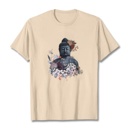 Mythstones  Colorful Flowers Surrounding Buddha Pattern Tee T-shirt