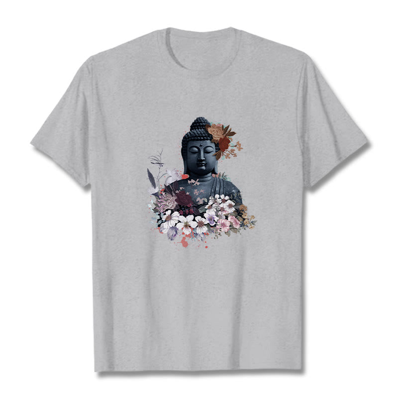 Mythstones  Colorful Flowers Surrounding Buddha Pattern Tee T-shirt