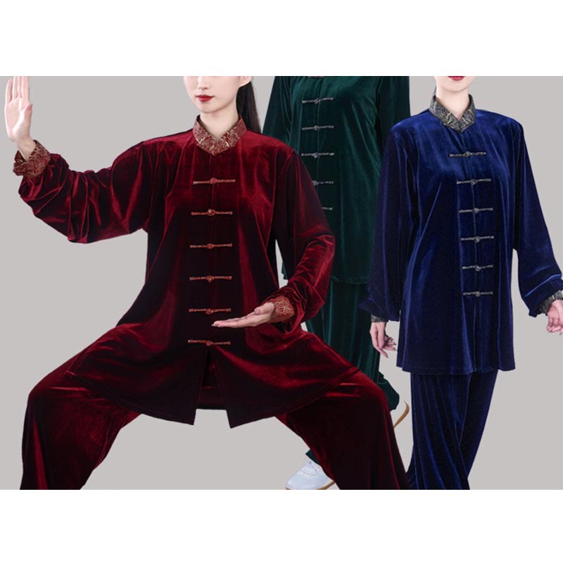 Mythstone 2Pcs Fall Winter Tai Chi Qigong Auspicious Clouds Stand Collar Frog-Button Unisex Velour Meditation Clothing Set