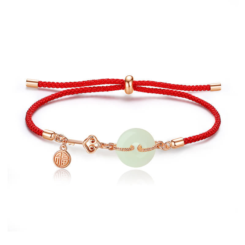 Mythstone Natural Hetian Jade Peace Buckle 925 Sterling Silver Red String Fu Character Protection Luck Bracelet