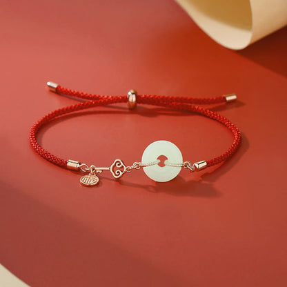 Mythstone Natural Hetian Jade Peace Buckle 925 Sterling Silver Red String Fu Character Protection Luck Bracelet