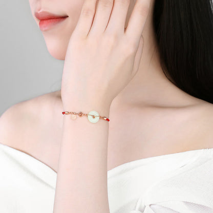 Mythstone Natural Hetian Jade Peace Buckle 925 Sterling Silver Red String Fu Character Protection Luck Bracelet