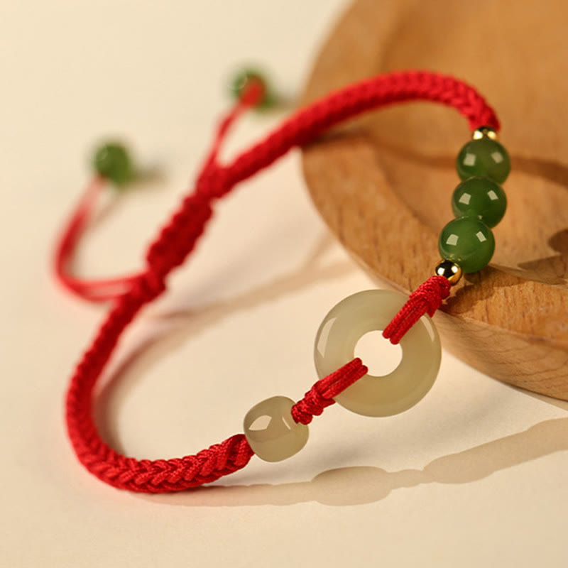 Mythstone Natural Hetian Jade Peace Buckle Red String Protection Luck Bracelet