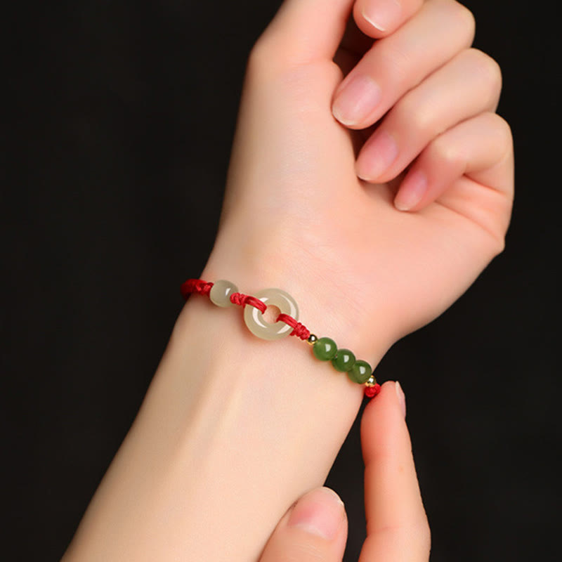 Mythstone Natural Hetian Jade Peace Buckle Red String Protection Luck Bracelet