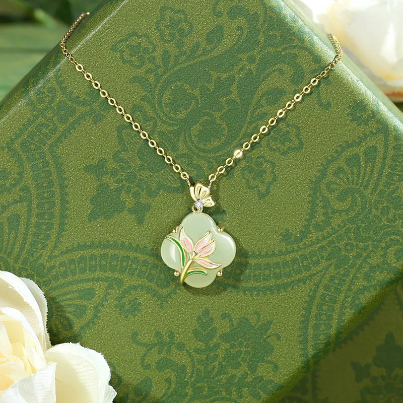 Mythstone 925 Sterling Silver Magnolia Butterfly Hetian Jade Four Leaf Clover Blessing Earrings Necklace Pendant