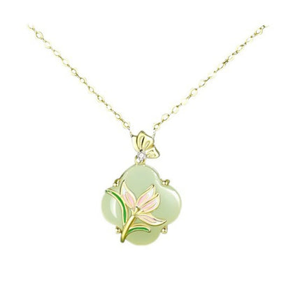 Mythstone 925 Sterling Silver Magnolia Butterfly Hetian Jade Four Leaf Clover Blessing Earrings Necklace Pendant