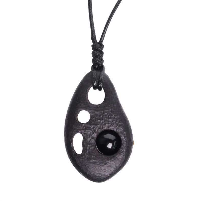 Mythstone Ebony Wood Hollow Inlaid Obsidian Peace Calm Necklace Pendant