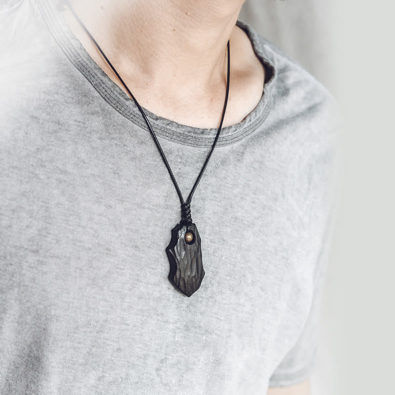 Mythstone Ebony Wood Obsidian Irregular Shape Copper Bead Peace Calm Necklace Pendant