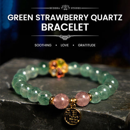 Mythstone Natural Green Strawberry Quartz Soothing Fu Character Bracelet