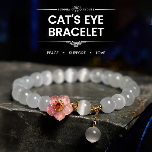 Pulsera de soporte con flores rosas y ojo de gato de crisoberilo Mythstone